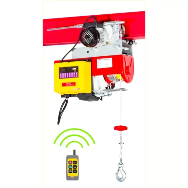 Elektrischer Seilzug 500/1000 kg, 18/9 m, 1,6 kW, 230 V, mit motorisierter Laufkatze und kabelloser Fernbedienung, MW Tools